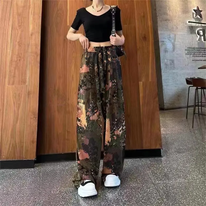 Draping Mopping Pants Straight Ink Painting Dye Pants For Women - Coffee Camouflage