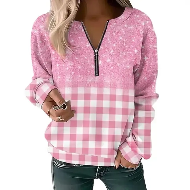 Women's Sweatshirt Zipper Pullover Casual Printed Sweater Peach L - Shop at LoveMi