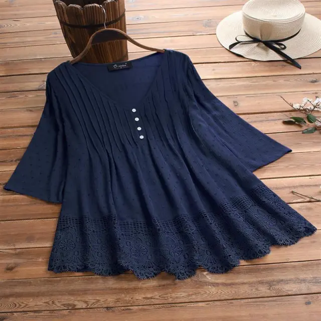 Women's Jacquard Pleated Lace Hollow Out V neck Shirt Blue - Shop at LoveMi