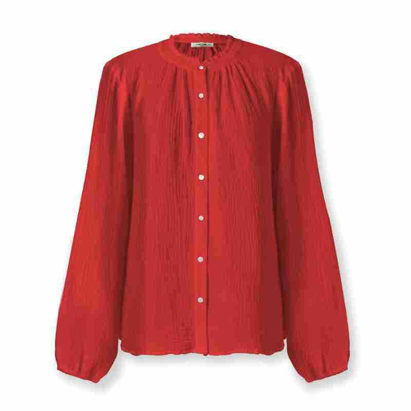 Cotton Stand Collar Ruffled Long Sleeve Shirt Lantern Sleeve
