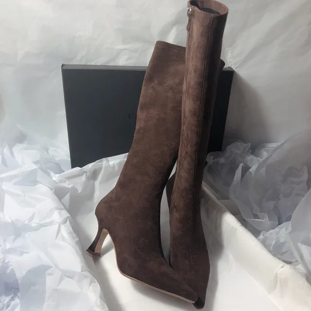 Women's Simple Side Zip High Heel Boots Brown - Shop at LoveMi
