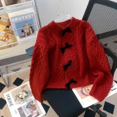 Women's Retro Japanese Lazy Twist Bow Sweater Coat - Wine Red - View 1