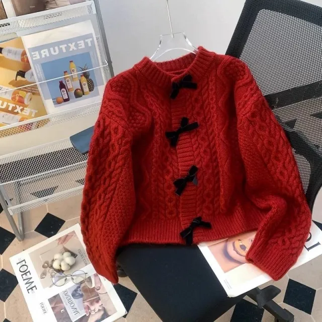 Women's Retro Japanese Lazy Twist Bow Sweater Coat Wine Red - Shop at LoveMi