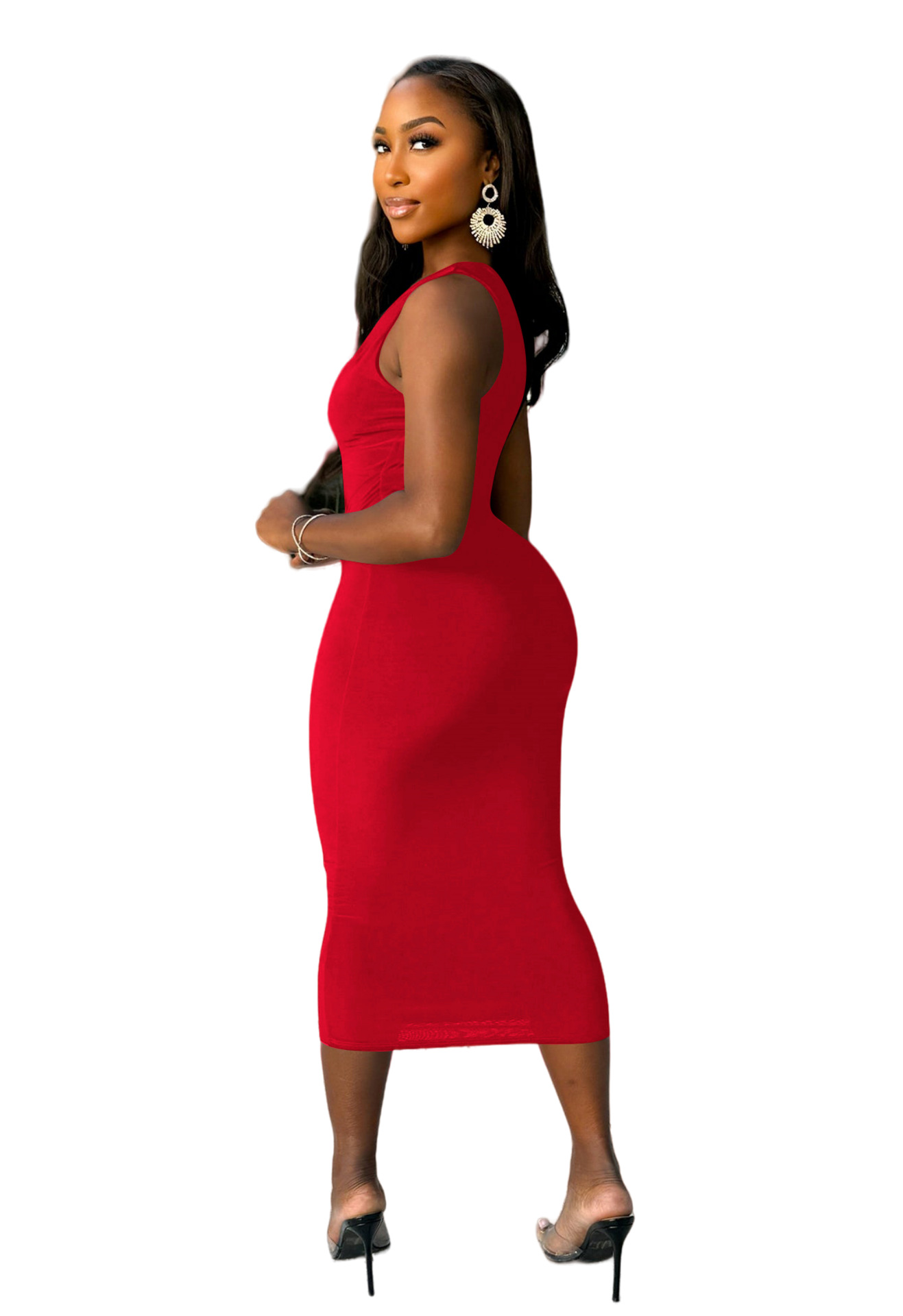 Fashionable V-neck Solid-color Long Dress 6df243d6 Bff8 4203 88a8 6cf9e51339b0