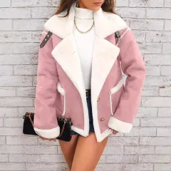 Fashion Polo Collar Plush Jacket Winter Warm Casual Jacket - Pink - View 1