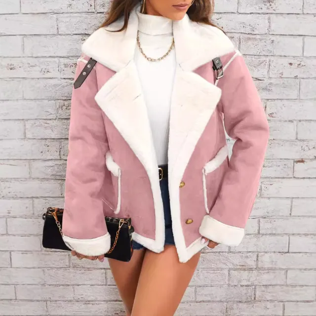 Fashion Polo Collar Plush Jacket Winter Warm Casual Jacket Pink - Shop at LoveMi