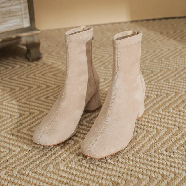 Ankle Boots Skinny Suede High Chunky Heel High Heel Ankle Boots Beige - Shop at LoveMi