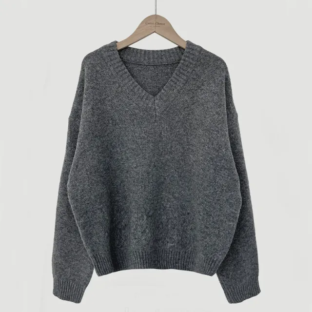 South Korea Basic Style V neck Pullover Sweater Thermal Knitting Gray - Shop at LoveMi