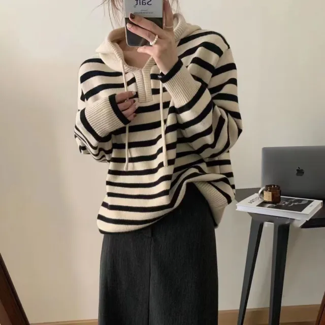 Korean Simple Striped Hooded Sweater Creamy White - Shop at LoveMi