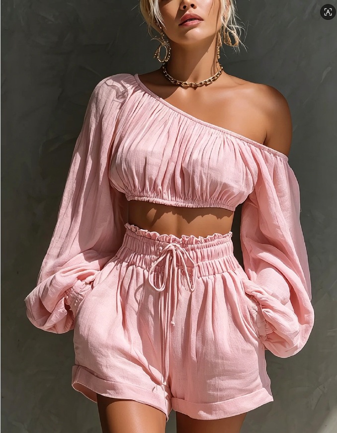 Womens Long-sleeve Cropped Top And High-waisted Shorts Two-piece Set
