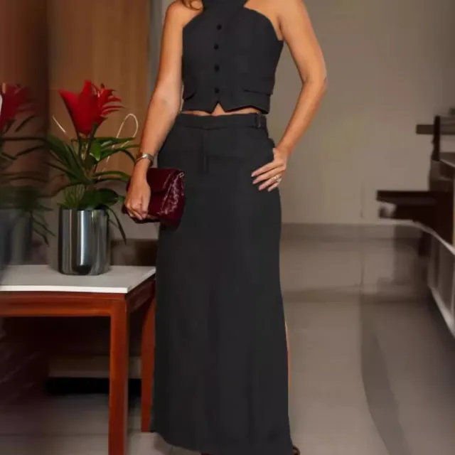 Women's Fashion Halter Sleeveless Vest Top High Waist Bottom Slit Two piece Dress Black - Shop at LoveMi