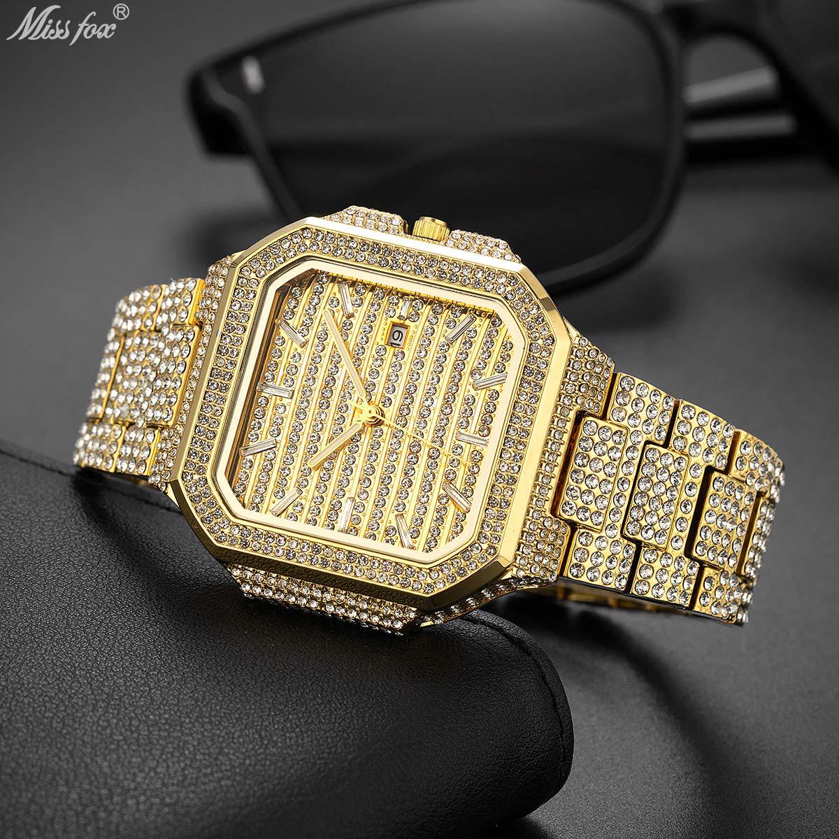 Mens Fashionable Square Diamond-Encrusted Quartz Watch Silver