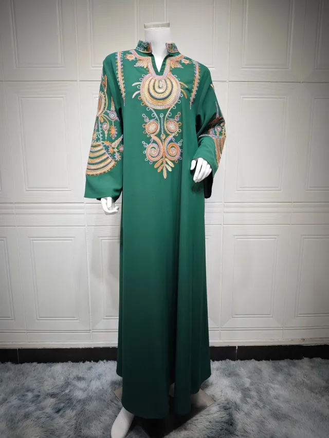 Women's Embroidered Rope Embroidered Muslim Pullover Dress Green - Shop at LoveMi