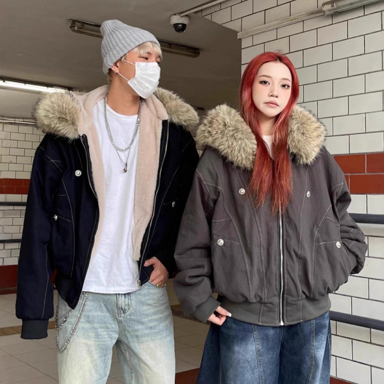 Winter American-style Coat With A Fur Collar Vintage Style
