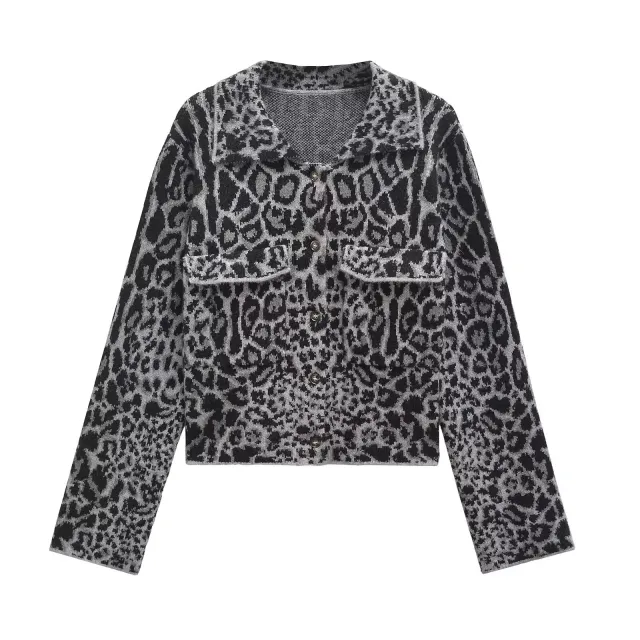 Women's Animal Jacquard Long Sleeve Knitted Coat Gray - Shop at LoveMi