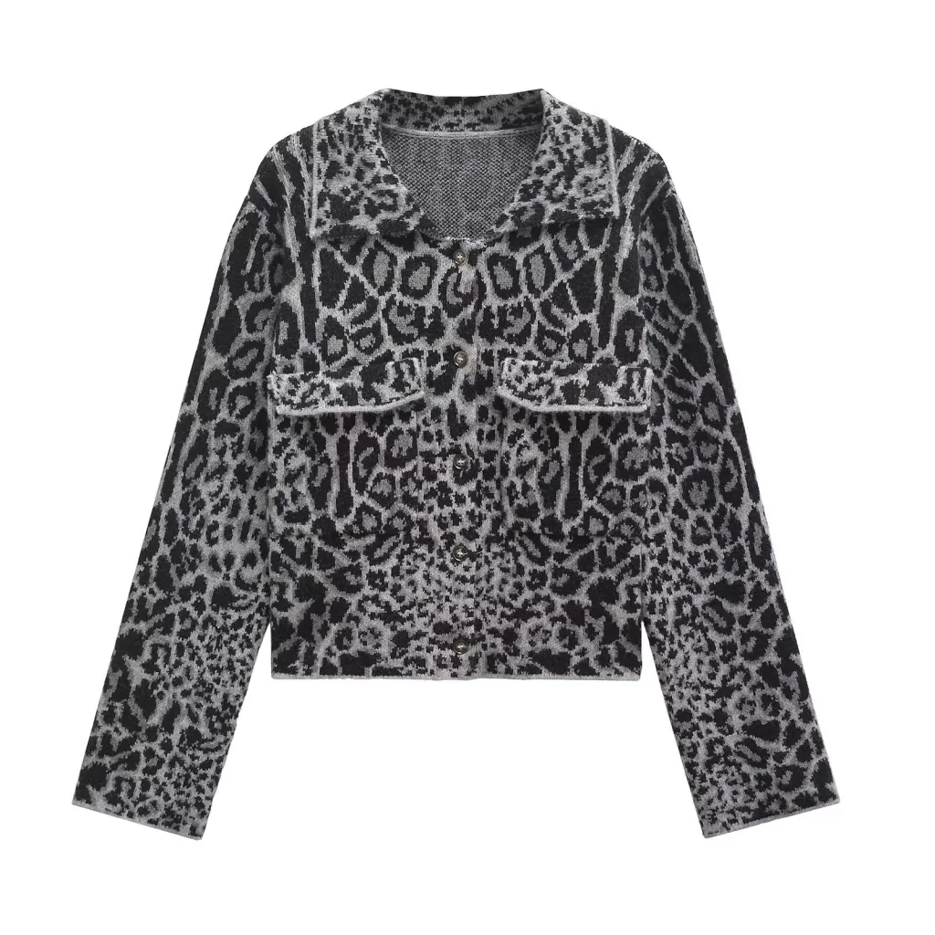 Women's Animal Jacquard Long Sleeve Knitted Coat - Gray