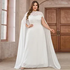 Women's Plus Size Solid Colour Elegant Chiffon Round Neck Lace Stitching Cloak Evening Dress - White - View 1