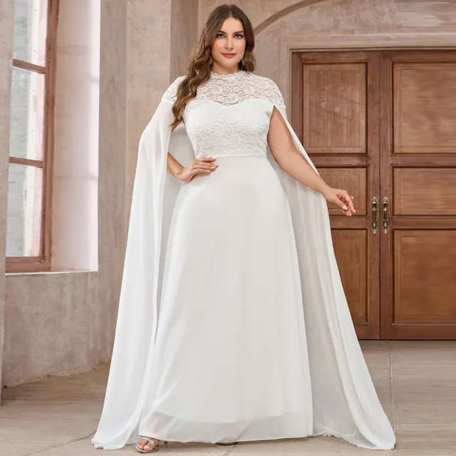 Women's Plus Size Solid Color Elegant Chiffon Round Neck Lace Stitching Cloak Evening Dress White - Shop at LoveMi