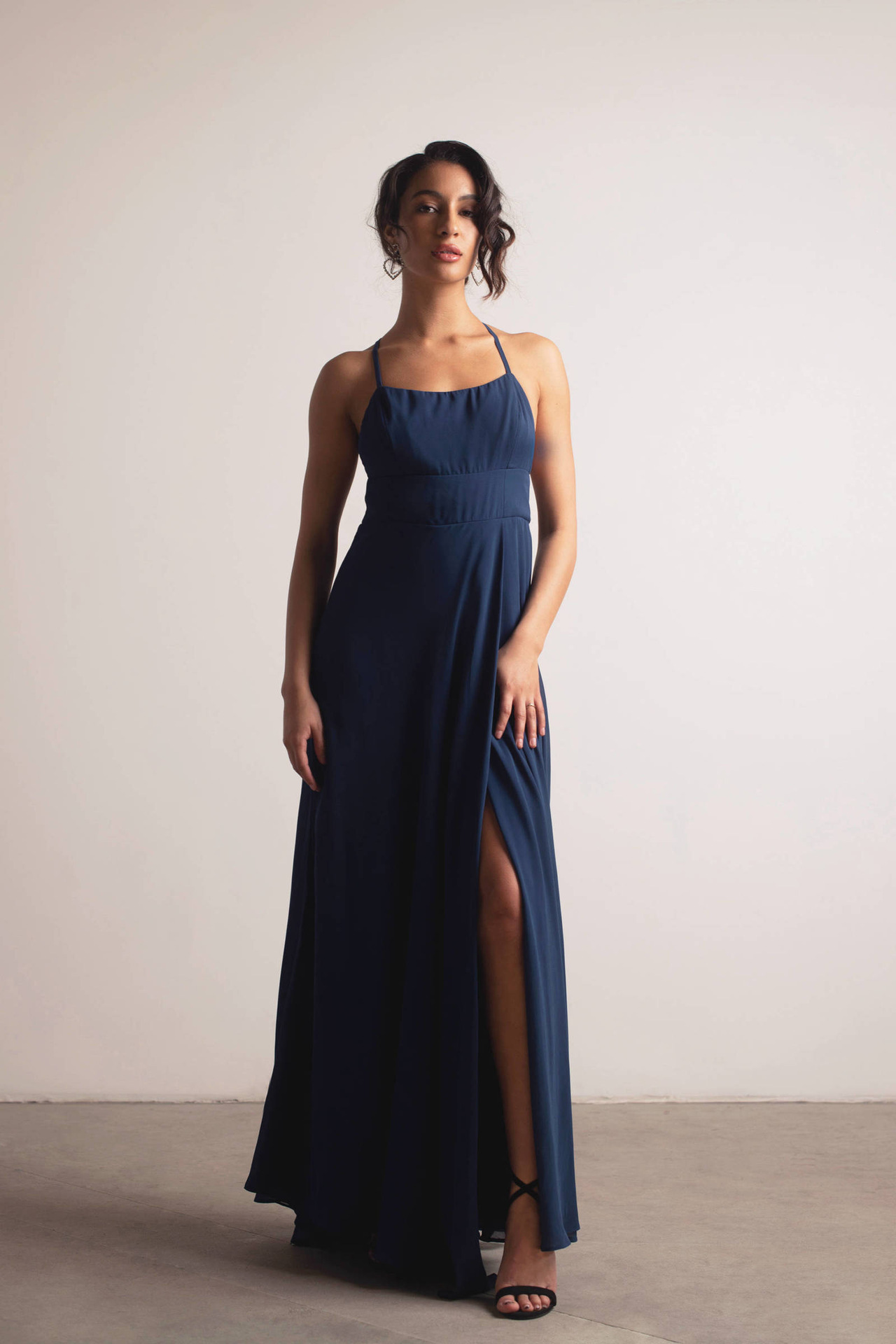 Cross strap Backless Maxi Dress With A High Slit And Solid Color Navy - Shop at LoveMi