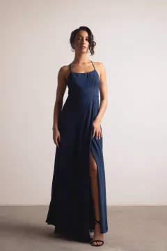 Cross-strap Backless Maxi Dress With A High Slit And Solid Color - Blue - View 1