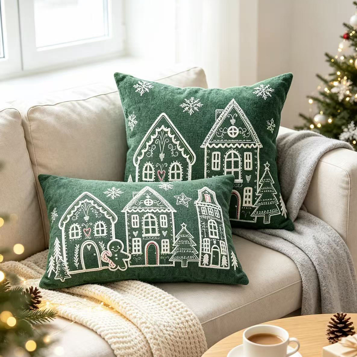 Christmas Pillowcase With Embroidered House Design For Home And Sofa — image 1