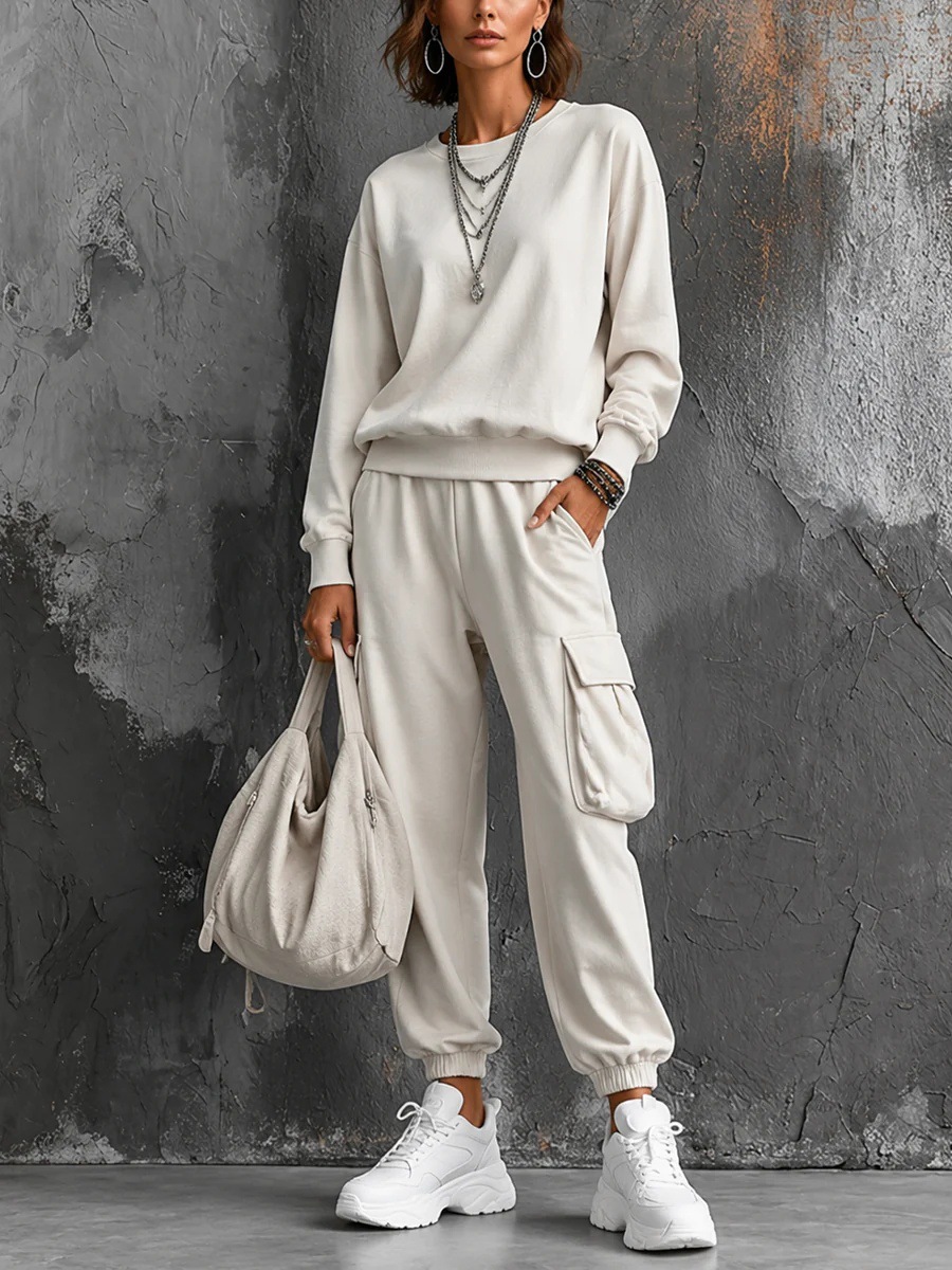 Womens Round-neck Solid-color Long-sleeve Top And Pants Set