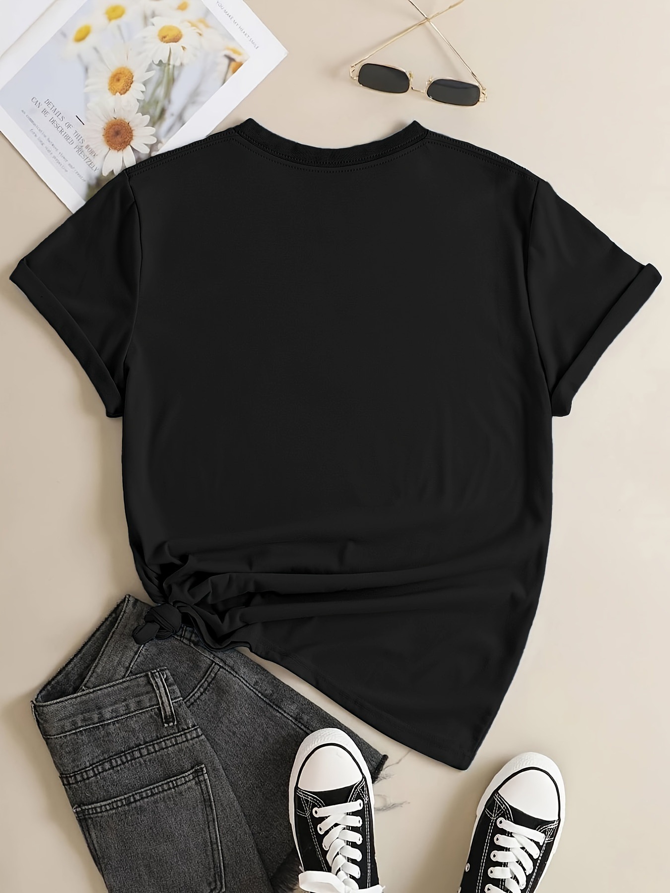Cat-print Crew-neck T-shirt Casual Short-sleeve Top For Spring