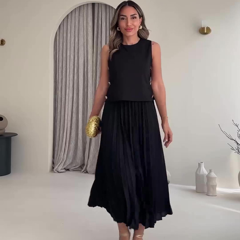 Solid Color Round Neck Sleeveless Top High Waist Pleated Skirt Suit Black - Shop at LoveMi