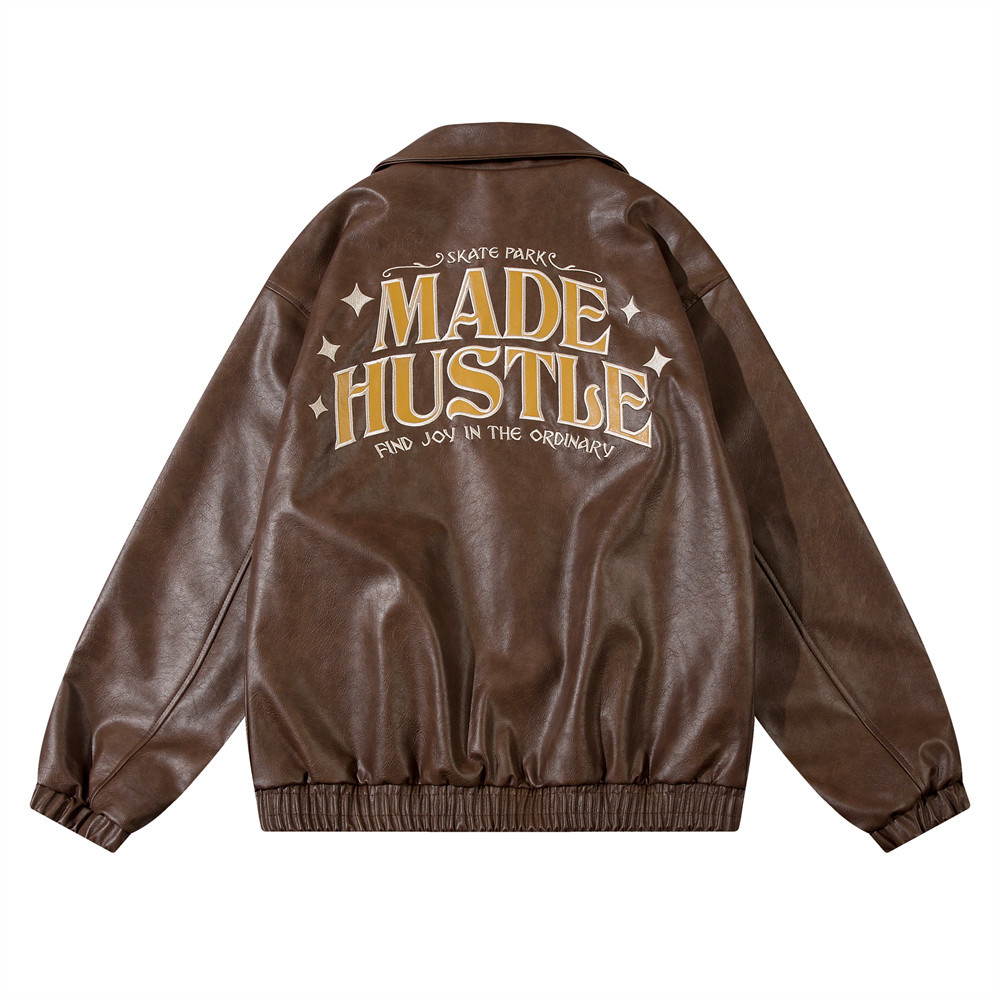 European And American Letters Embroidered Lapel Loose Leather Coat