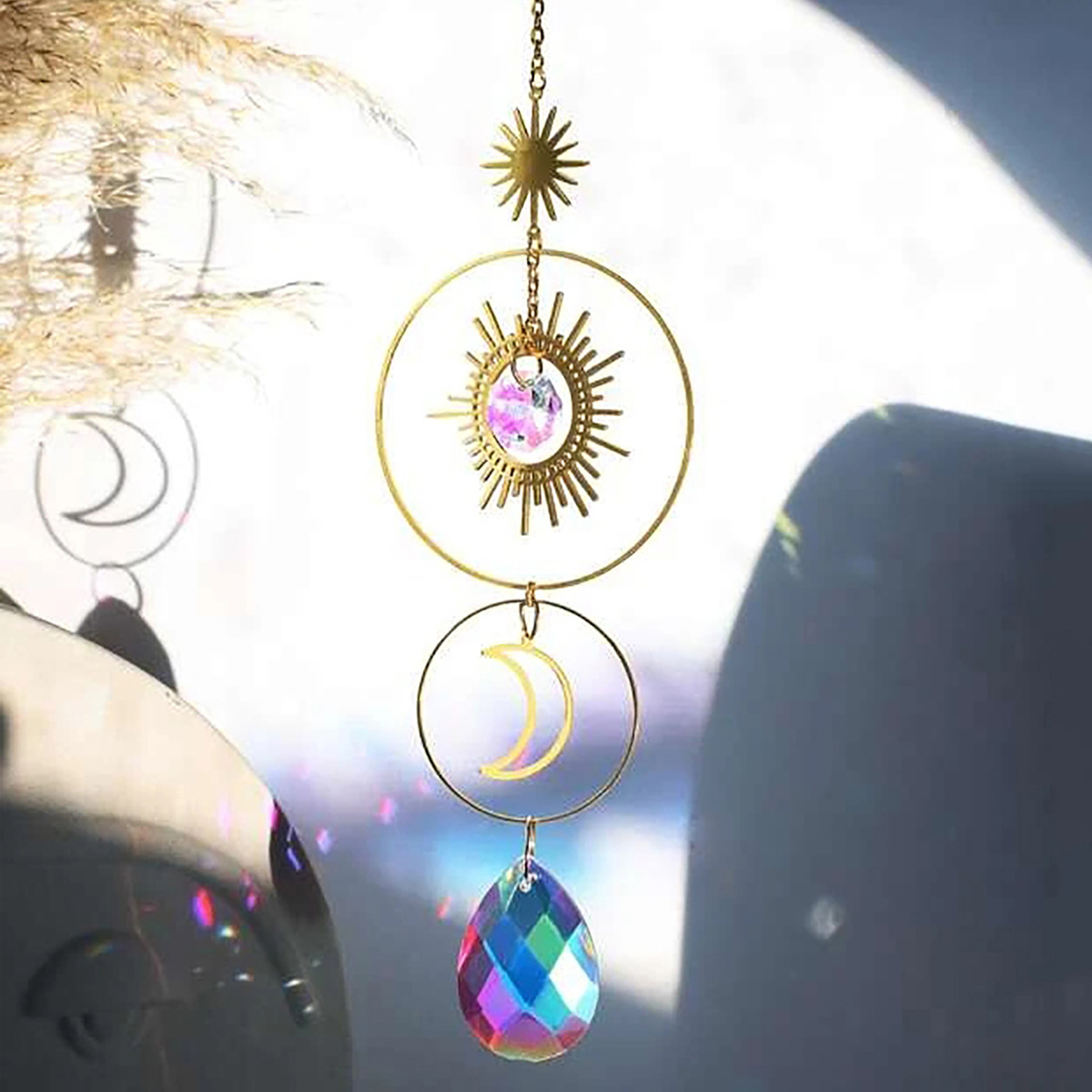 Golden Star And Moon Crystal Pendant Solar Prism Decorations