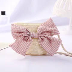 New Girls Big Bow Sun-proof Straw Hat Bag Set - Pink Bow Bag Milky White - View 1