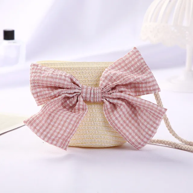 New Girls Big Bow Sun proof Straw Hat Bag Set Pink Bow Bag Milky White - Shop at LoveMi