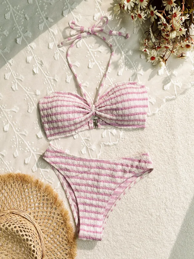 Bikini Split Striped Printed Swimsuit For Women Pink - Shop at LoveMi
