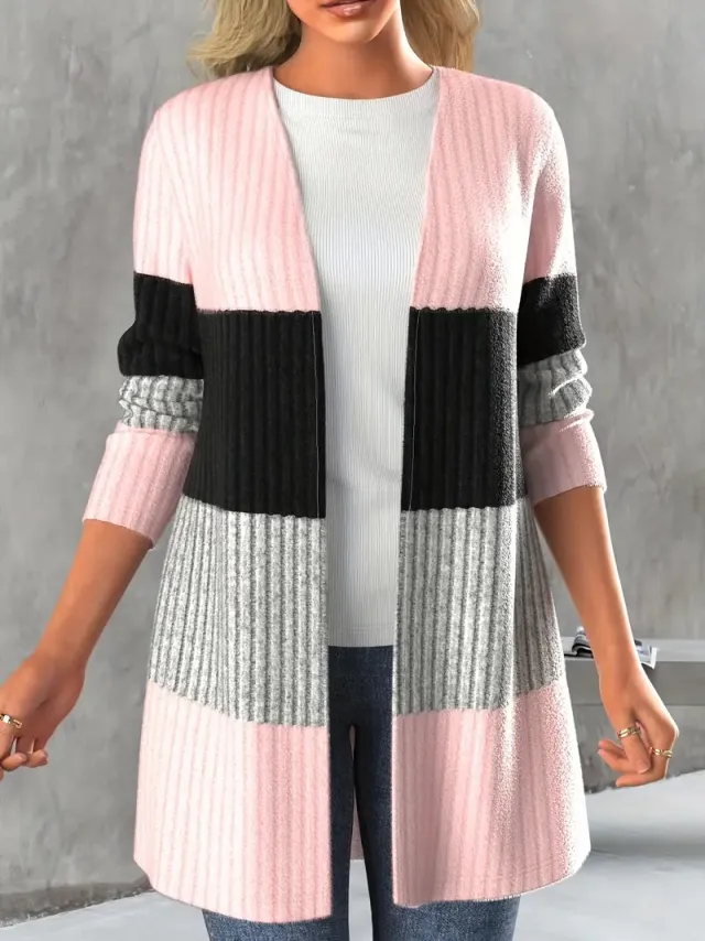 Women's Casual Long Coat With Contrasting Color Pit Stripe And Open Collar Pink - Shop at LoveMi