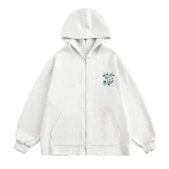 Small Floral Vine Embroidery Hooded Loose Coat - Floral - View 1