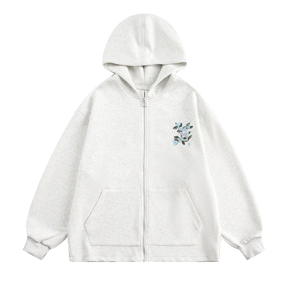 Small Floral Vine Embroidery Hooded Loose Coat - Floral