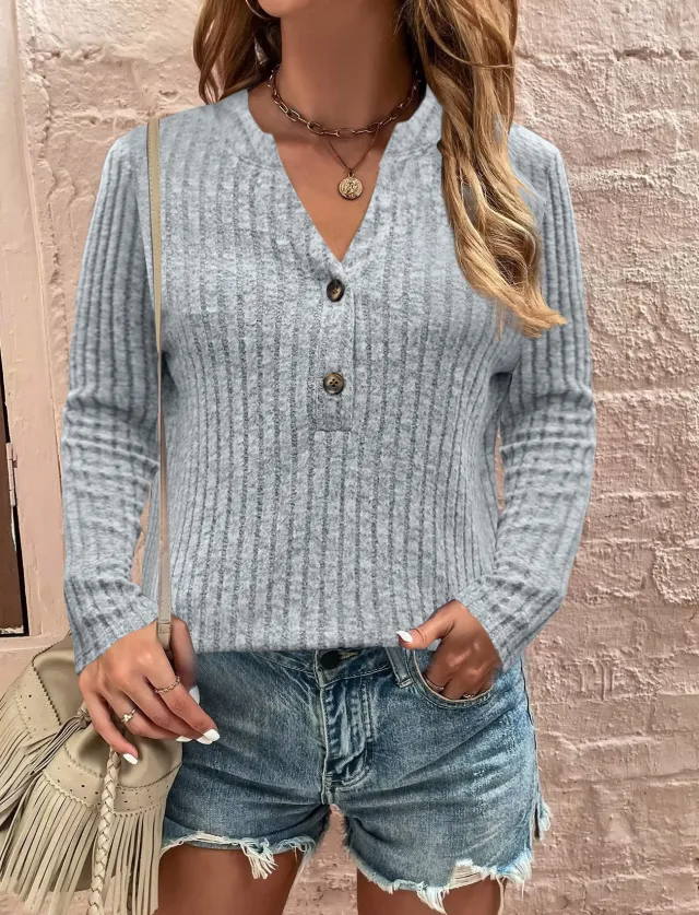 Sunken Stripe Brushed Casual Button Long sleeved Top Gray - Shop at LoveMi