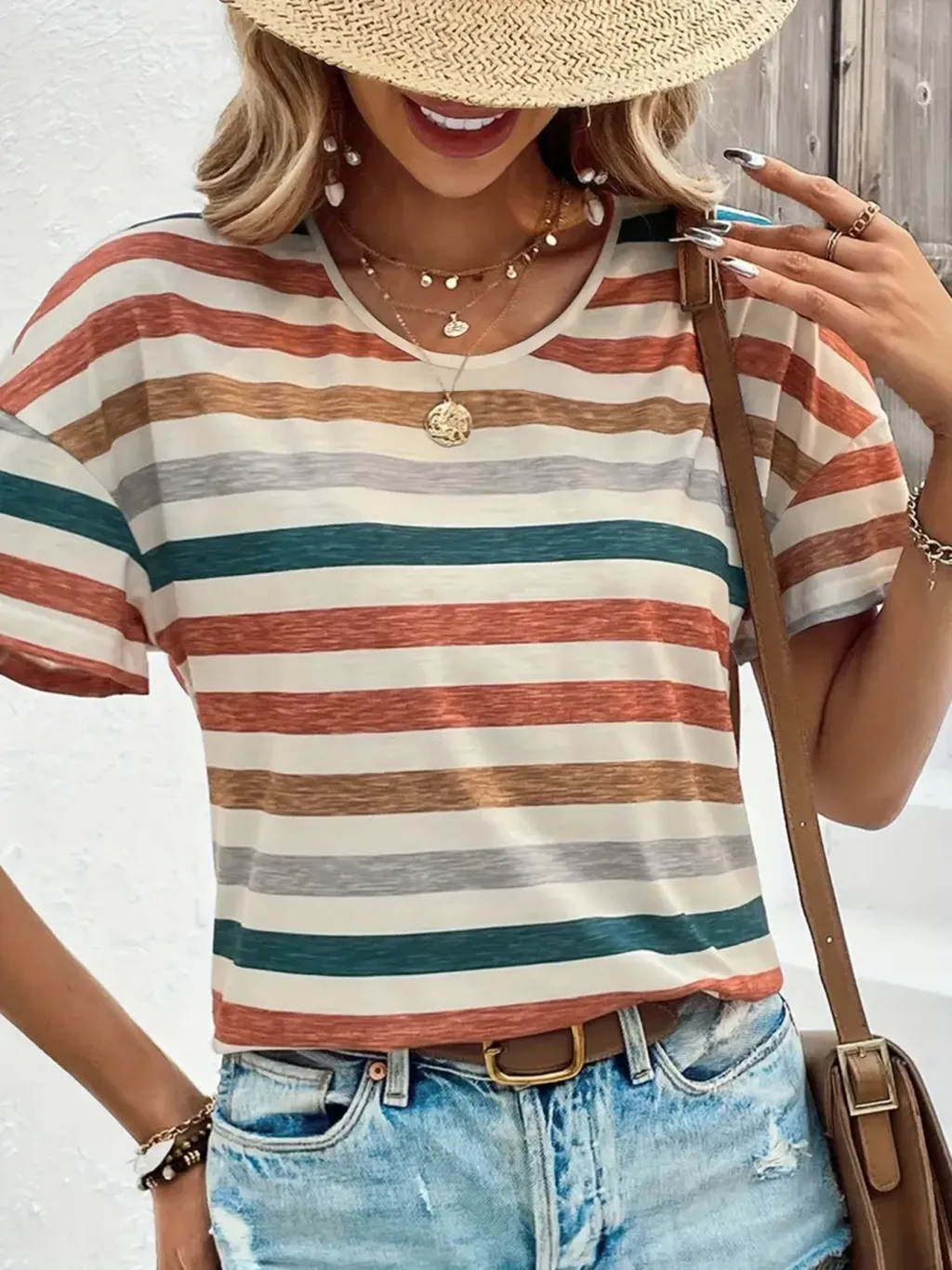 Women's Striped Fashionable Round Neck Short Sleeved T-shirt - Orange