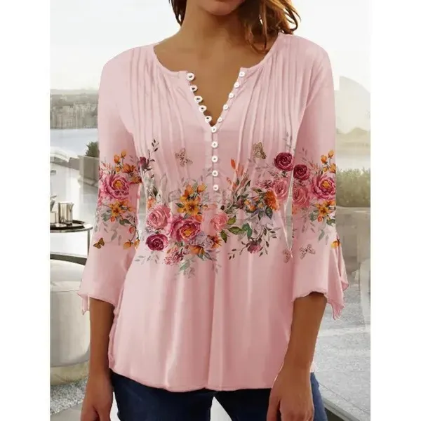 Women's Floral Printed V neck Short Sleeve Button T shirt Pink - Shop at LoveMi