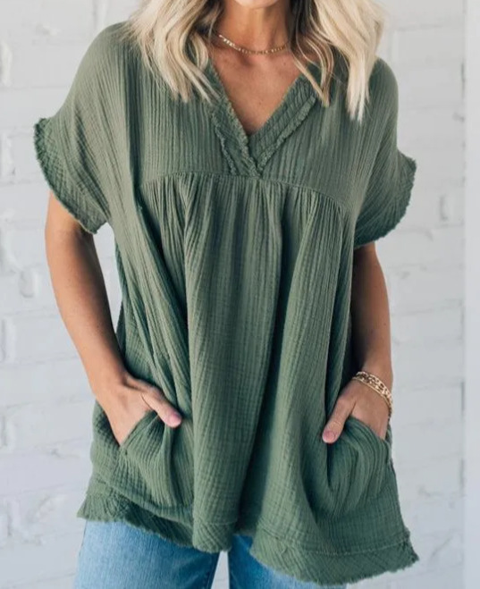 Summer New Solid Color And V-neck Cotton And Linen Loose-fitting Casual T-shirt Women