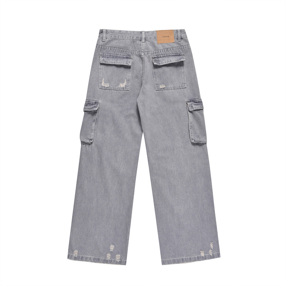 High Street American Retro Washed And Worn Ripped Leisure Straight-leg Denim Trousers
