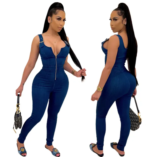 High Elastic Overalls Denim Jumpsuit Dark Blue - Shop at LoveMi