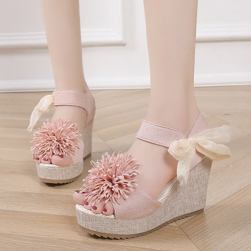 Plus Size Sandals Women's Platform Wedge Peep Toe Korean Style Platform - Pink