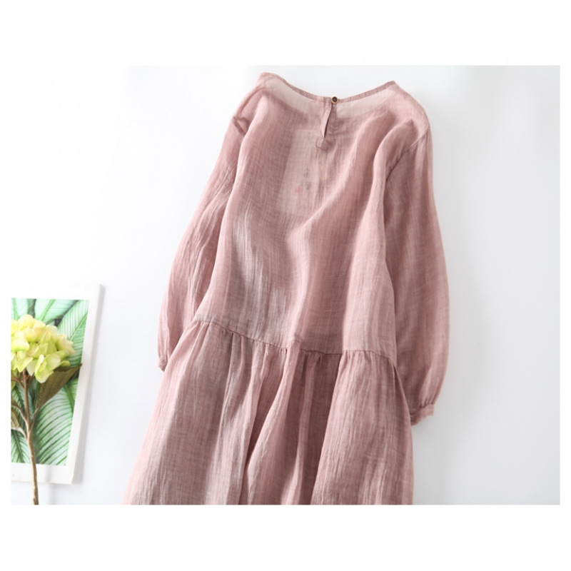 Round-neck, Three-quarter-sleeved Midi Swing Dress