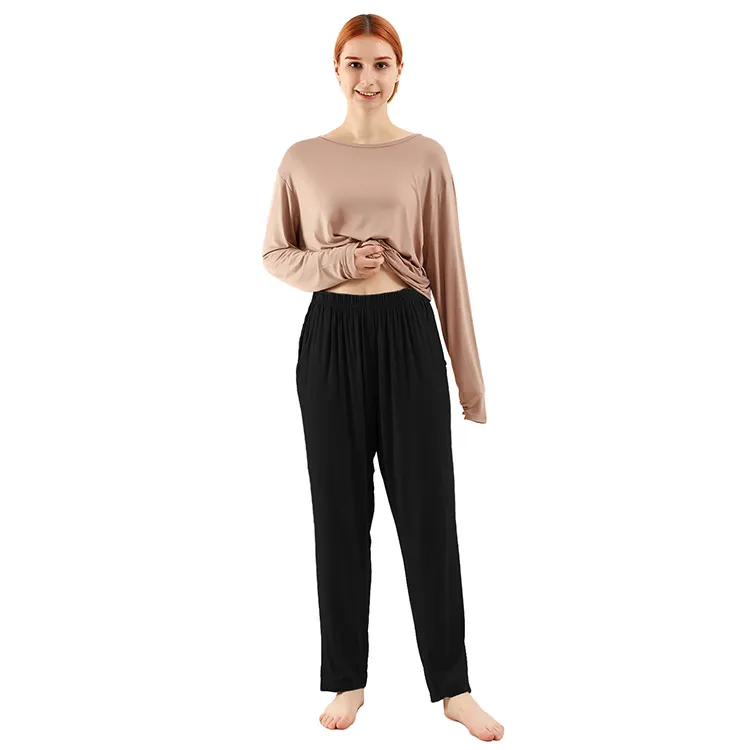 Loose High Elastic Bamboo Fiber Home Long-sleeved Trousers Suit - Skin Color Top Black Pants