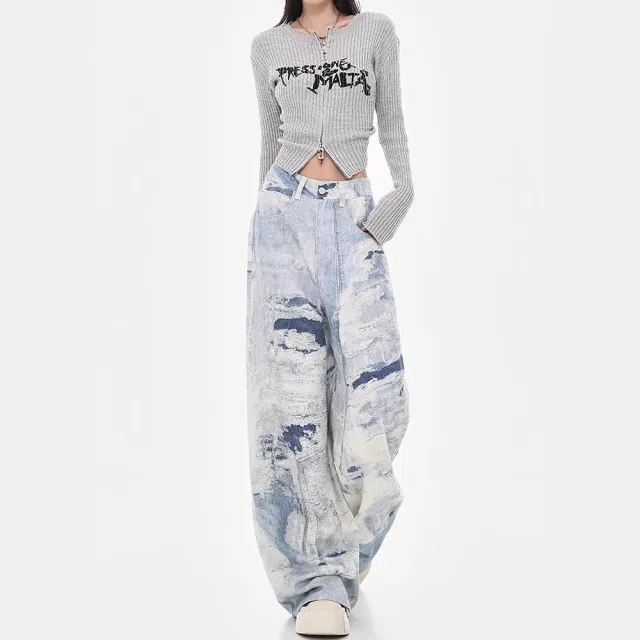 Autumn And Winter Washed Tie dyed High Waist Slimming And Wide Leg Jeans - Shop at LoveMi