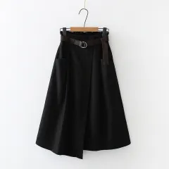 Solid Color Leisure Artistic Pocket High Waist Slimming Irregular Midi Skirt - Black - View 1