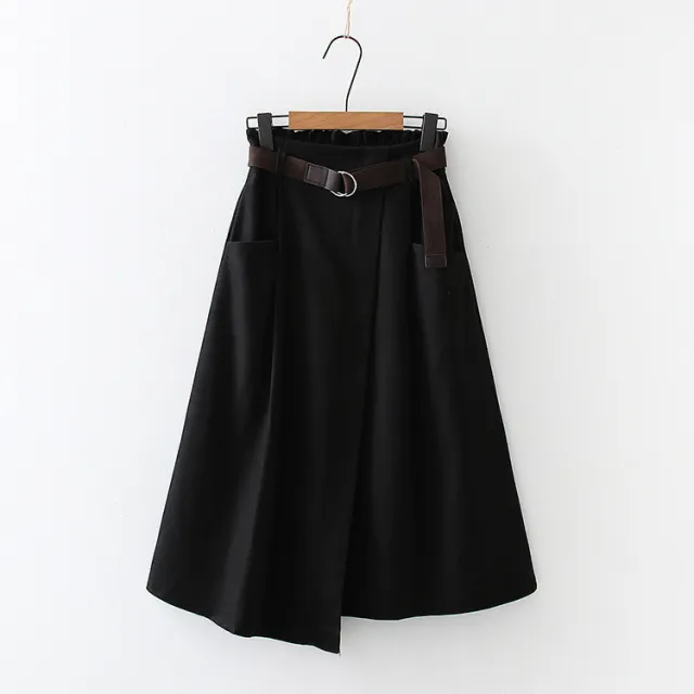 Solid Color Leisure Artistic Pocket High Waist Slimming Irregular Midi Skirt Black - Shop at LoveMi