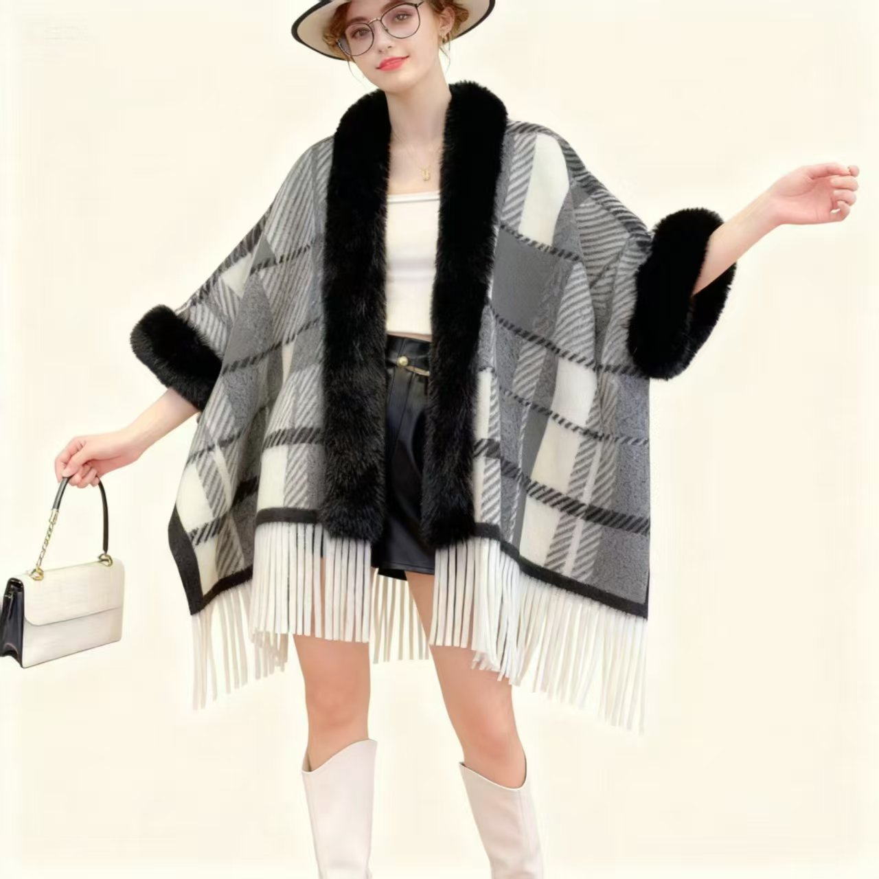 Women's Casual Plaid Tassel Cape Coat