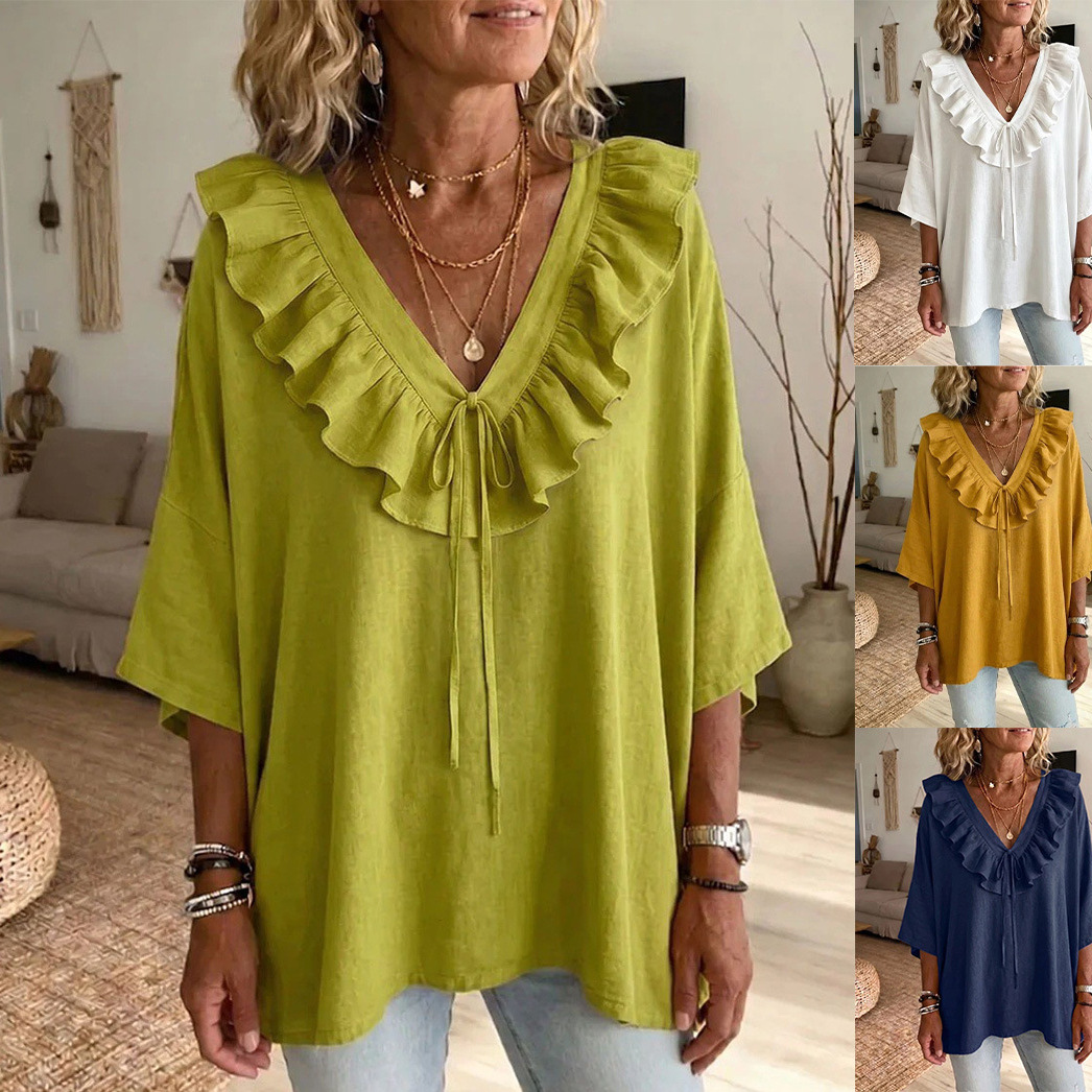Womens Solid-color Ruffled V-neck Top With Tie-up Three-quarter Sleeves
